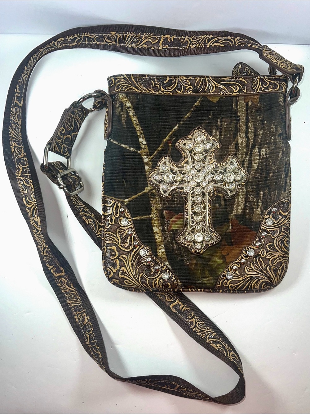 Y2K 2000s Camo Rhinestone Cross Crossbody Bag Western Gothic Bling Purse
